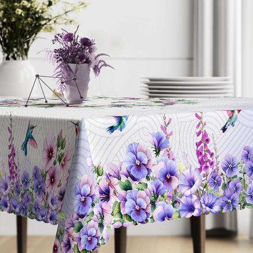 1 Piece, Purple Morning Glory Hummingbird Tablecloth + 4 Tablecloth Stickers, Morning Glory and Hummingbird Pattern Design, Holiday Table Decoration Cloth, Round/Rectangular Tablecloth, Suitable for Home Decoration, Room Deco