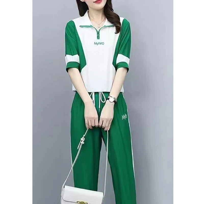 2 Piece Sets Women 2024 Summer Fashion Contrast Color Half Zipper Short Sleeve Tops Casual Pockets Sports Joggers Pants Outfits