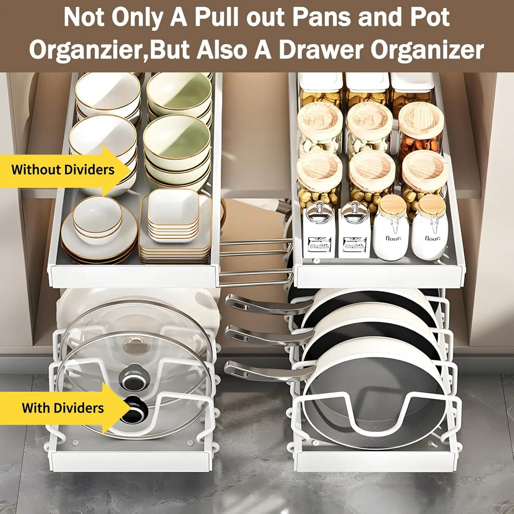 Pull-out pot rack organizer with adjustable shelves, space-saving kitchen cabinet storage