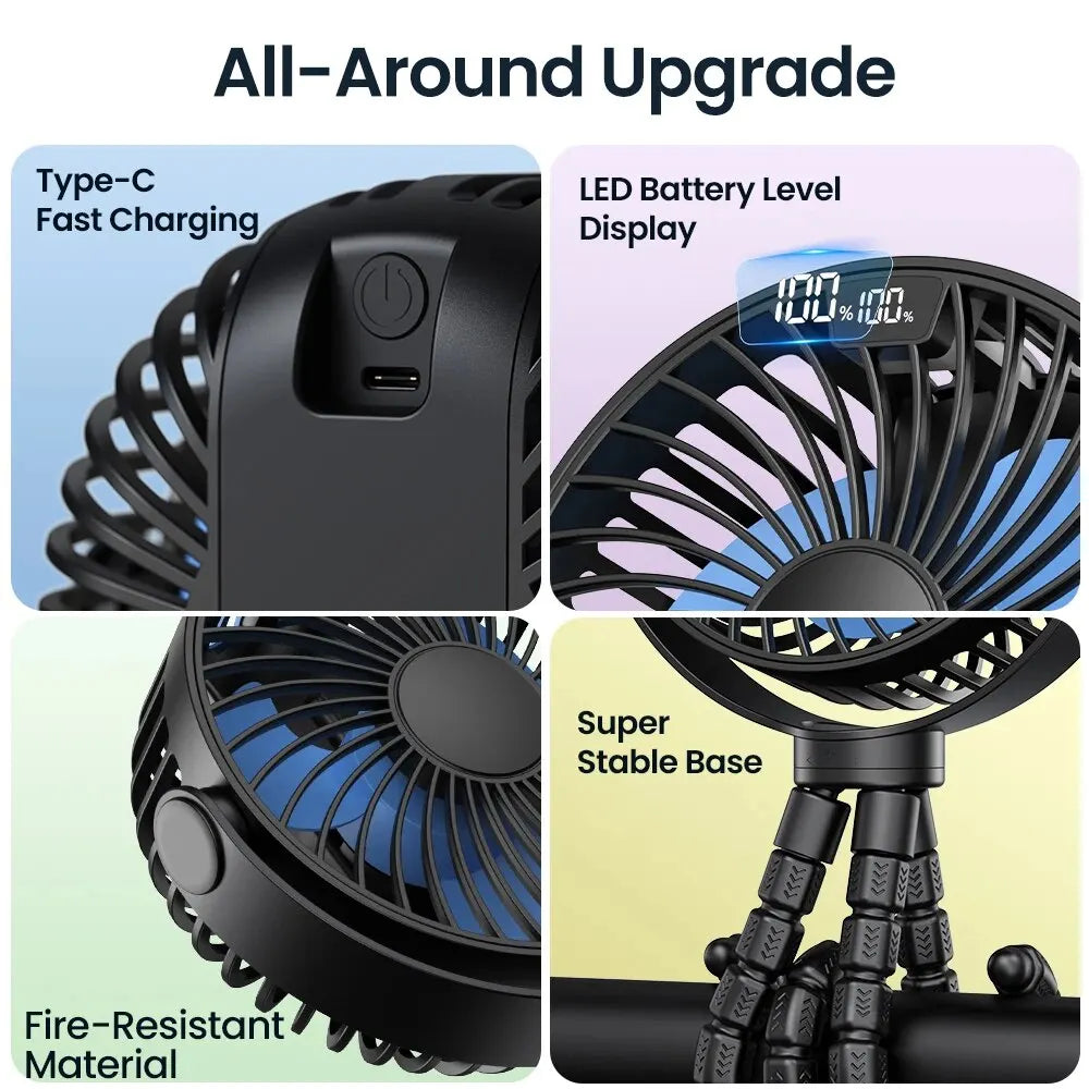 5000mah Stroller Portable Mini Fan USB Rechargeable Outdoor Electric Fan 4 Gear Speed 360°Degree Rotata & Digital Display