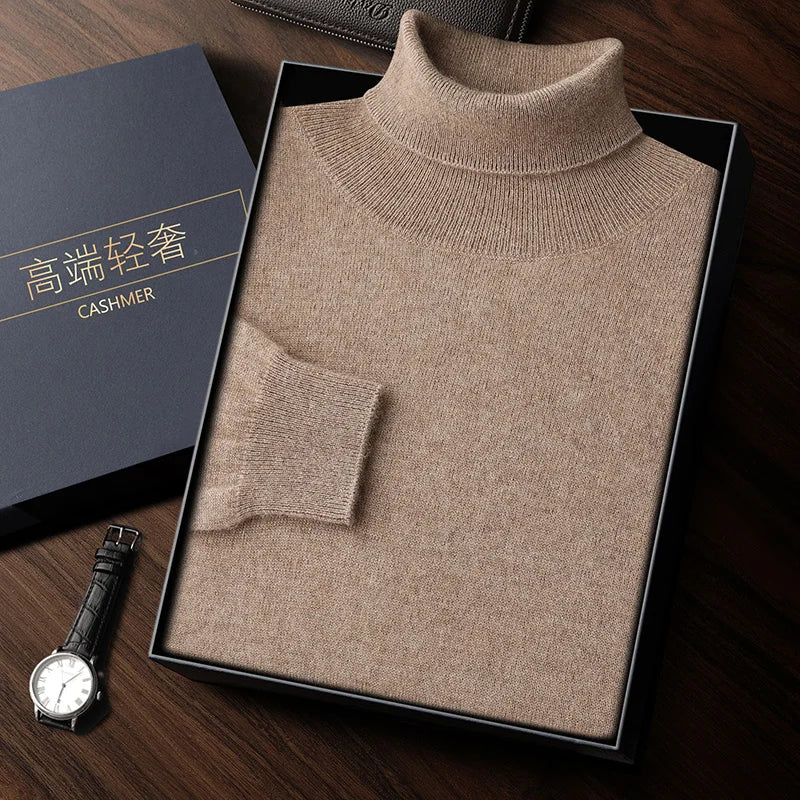 Autumn/Winter Men's 100% Cashmere Pullover Business Casual Solid Knitted Sweater Loose High Collar Tops Basic Thick Warm Jumper