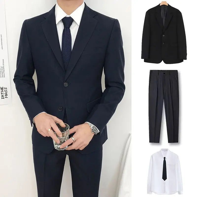 Men Slim Fit Business Casual Suit Set Long Sleeve Blazer Student Youth Formal Two Piece Outfit