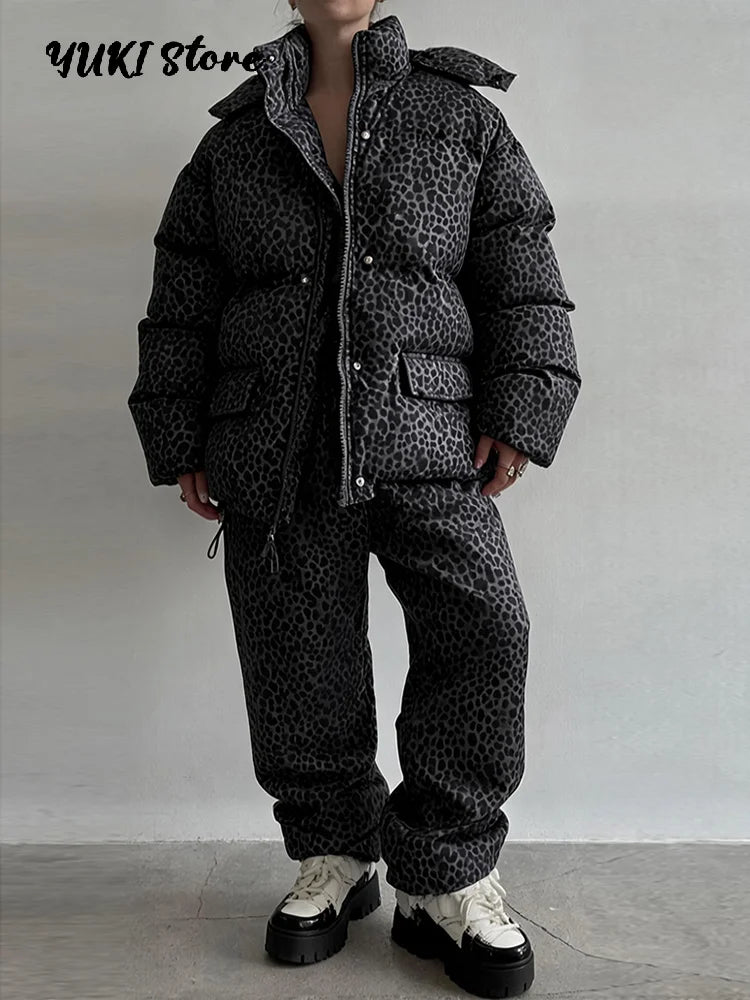 Leopard Print Women's Winter Down Jacket Pant Set Hooded Full Sleeve Zipper Jacket Elastic Waist Pants 2026 Warm Padded Coat Set