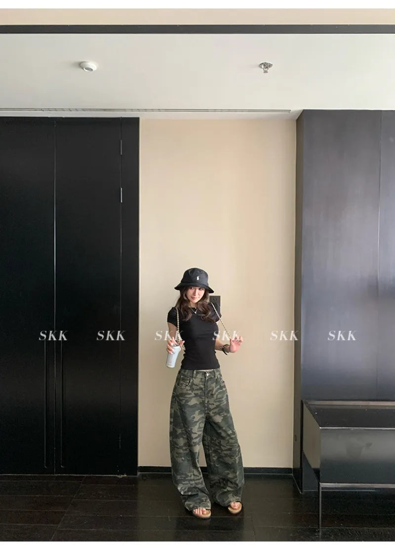 YJKDYK High Waist Camouflage Workwear Jeans Women's Autumn Spring American Retro Wide Leg Floor-Length Pants Trendy High Street