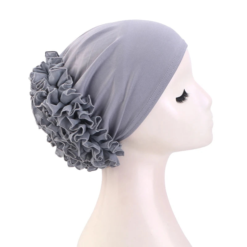 New breathable chiffon hat with large flowers Solid color thin bottom cap Islamic Head Wrap Women's elastic anti hair loss hat