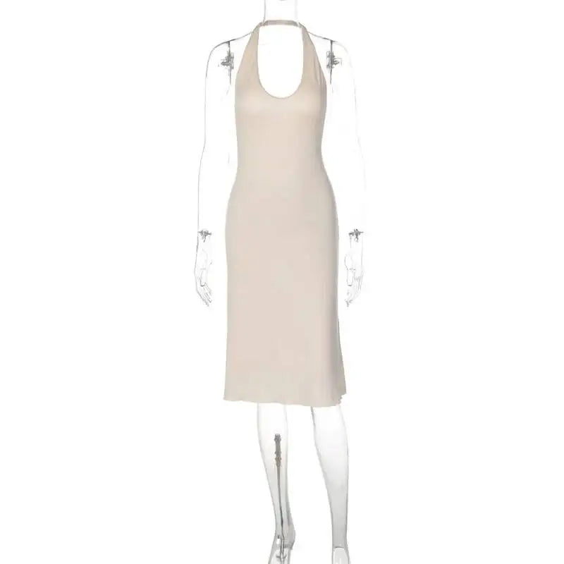 Mozision Women Halter Deep V Neck Midi Dress Sleeveless Backless Bodycon Ruffle Hem Long Dress Elegant Club Party Evening Dress