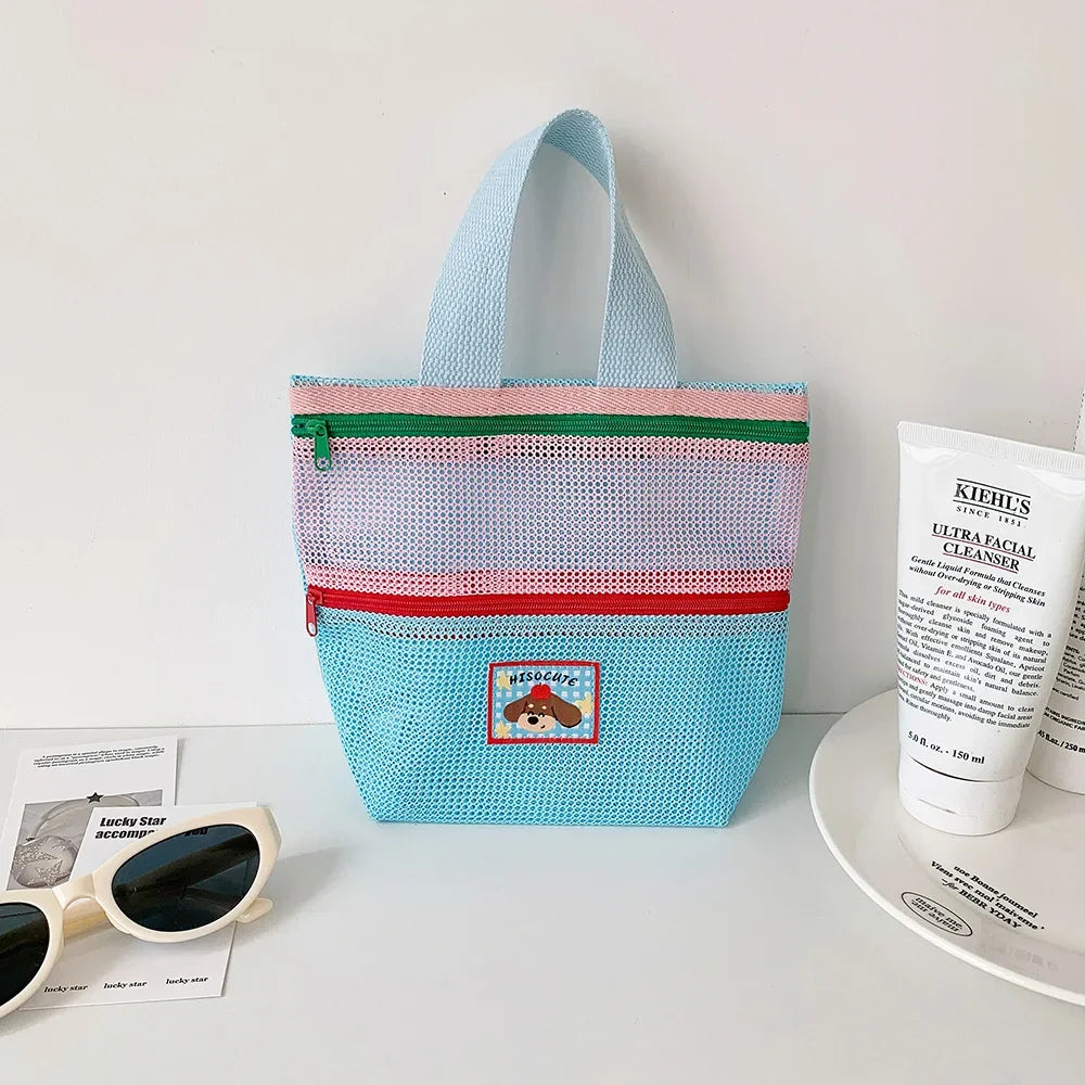 Women's Color-Block Mesh Makeup Bag with Top Handle and Cute Patch Small Cosmetic Pouch for Daily Travel Essentials Storage