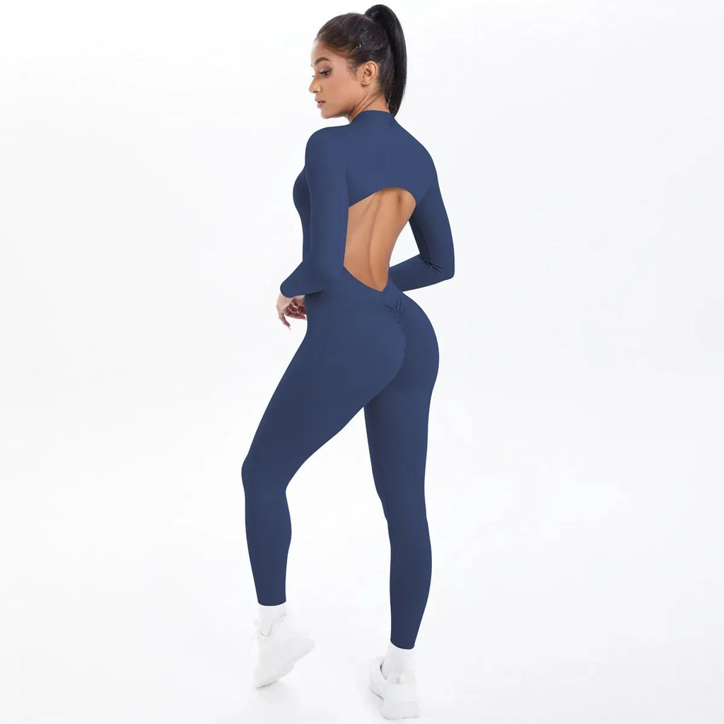Women's Seamless Yoga Jumpsuits Sports Fitness Zipper Open Back Breathable One-Piece Bodysuits for Gym Running Fitness Workout