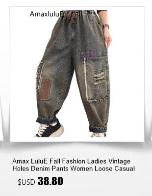 Amax LuluE Fall Korean Casual Jeans Womens Classic Striped Fashion Vintage Denim Pants Ladies Loose Elastic Waist Harem Trousers