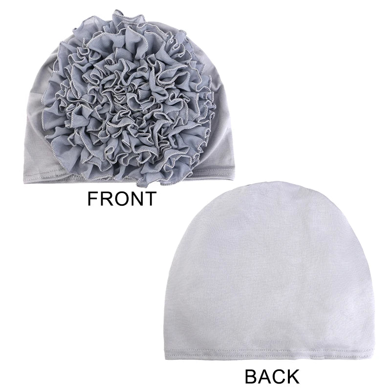 New breathable chiffon hat with large flowers Solid color thin bottom cap Islamic Head Wrap Women's elastic anti hair loss hat