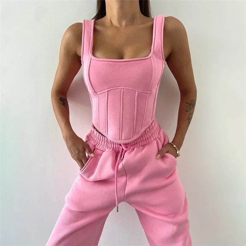 New Lace Up Pants Sets Women Slim Solid Splice Tank Tops Woman Long Sleeve Short Hoodies And Pant Suits Women Outfits Winter