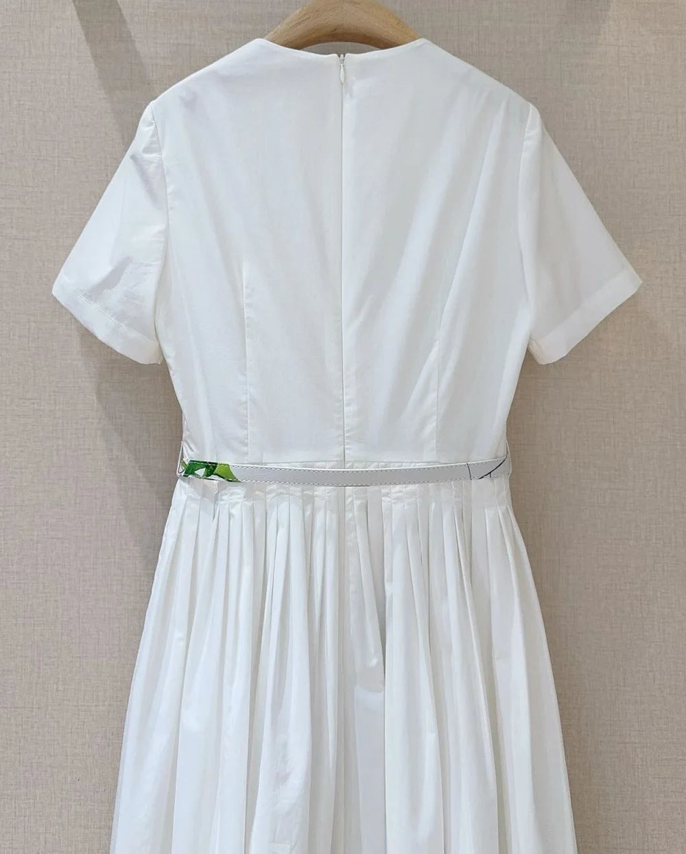 Top Quality New 2026 Spring Summer Dress Women Green Leaves Floral Print Pocket Patchwork Short Sleeve Mid-Calf White Dress