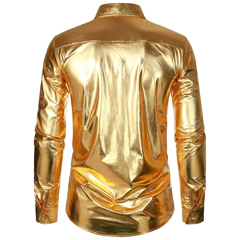 Men's Retro Gold Glossy Shirt American Casual Fashion Performance Shirts Solid Color Gorgeous Nightclub Male Shiny Tops