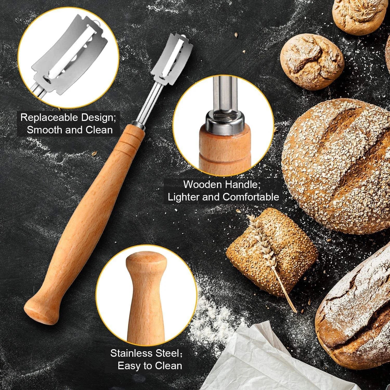 1-5P Bread Cutter French Bread Blades Kitchen Gadgets Normal Wood Handle Baking Accessory European Style Curved Arch Toast Knife