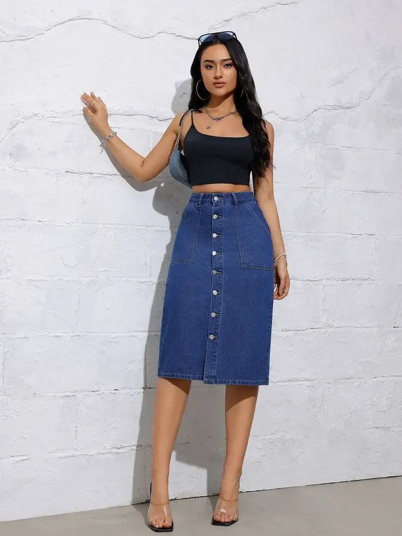 Women High Waist Stretchy Denim Pencil Skirt Midi Length Knee-Length Slit Bodycon Flattering Casual Daily Streetwear