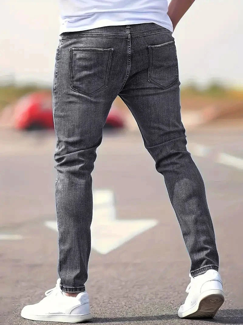 2026 Spring Men's Distressed Skinny Jeans Vintage Wash Elastic Biker Holes Casual Slim Fit Streetwear Denim Pencil Pants Joggers