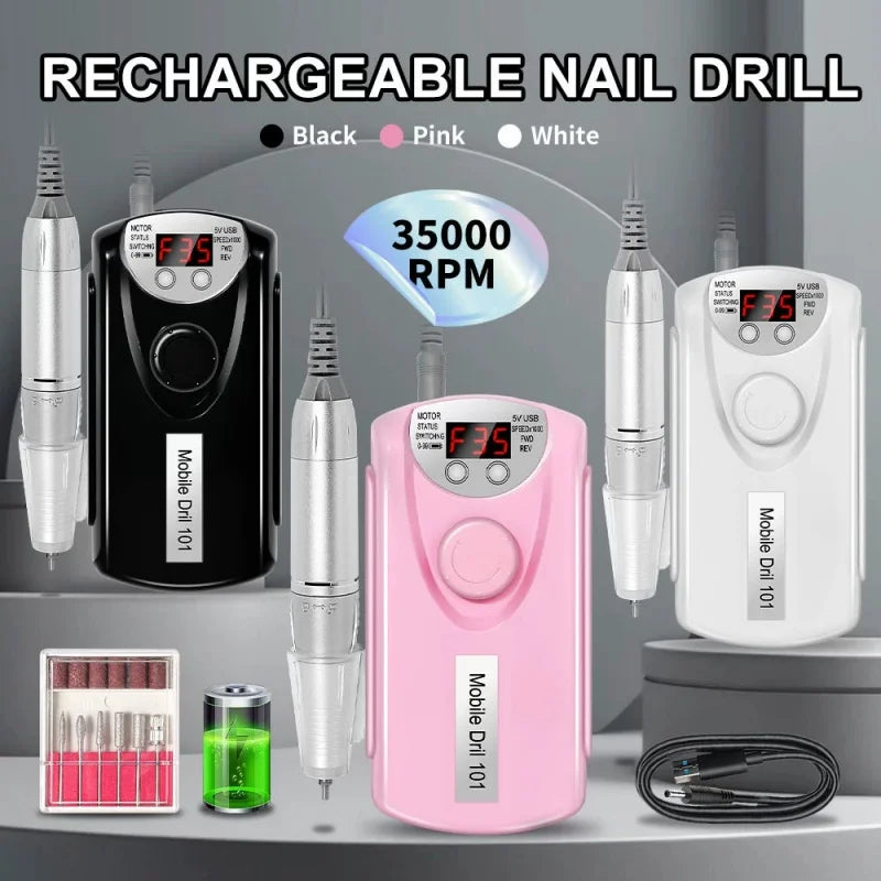 Electric Nail Drill Machine Professional Nail Drills For Gel Nail Polish Rechargeable Portable Nail File, Manicure Tool 35000RPM