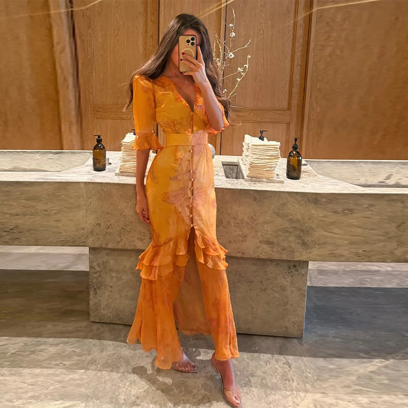 Sexy Print Women Long Dress Urban V-neck Single Breasted Ruffles Half Sleeve Female Dresses 2026 Spring Autumn Lady Robe