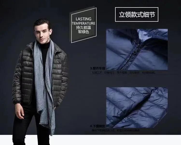 Down Cotton Coat Man 2025 Light Feathered Cotton Jacket Winter Slim Hooded Stand-Up Collar Solid Color Warm Clothing