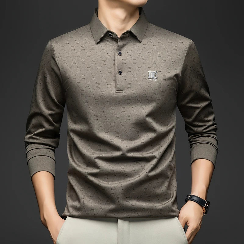 BROWON 2026 Spring Autumn Elegant Polo Shirts for Men Long Sleeve Lapel Color Printed Soft Comfortable Males Tops and Tees