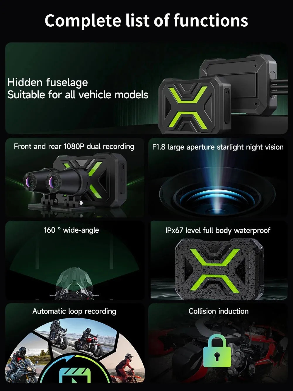 JIUYIN Dual 1080P Motorcycle DVR Full Body Waterproof Moto Camera WiFi Dash Cam Front Rear Driving Video Recorder Black Box