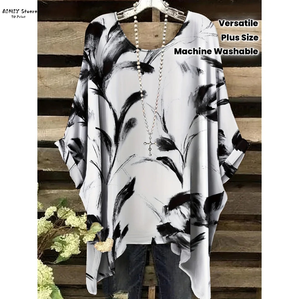 Women's Elegant Floral T-Shirt Relaxed Fit Round Neck Top Machine Washable Nontransparent Material Comfortable Clothing Casual