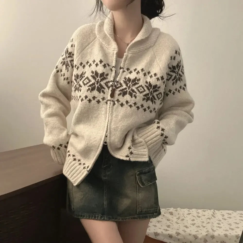 New Autumn Winter Women Fashion Elegant Knitwear Long Sleeve Sweater Fall Korean Style Casual Knitted Top Zipper Lapel Jacket