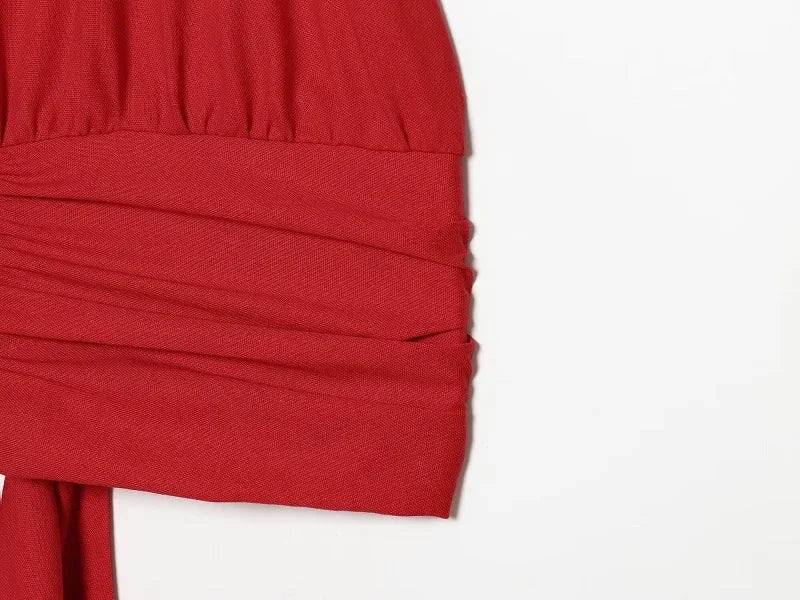 Women's Red Pants Sets Sexy Halter Backless Ruched Crop Tank Top Suit Elegant Female 2 Piece Sets Summer Woman New Matching Sets