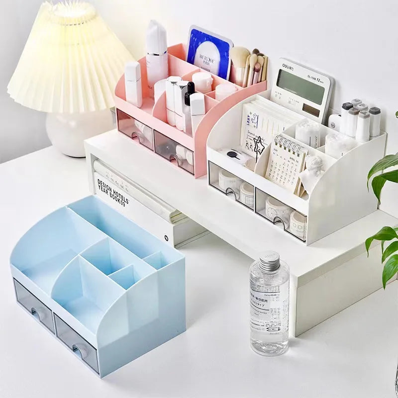 Desk Organizer with 2 Drawers, Multi-Compartment Plastic Desktop Storage Box for Stationery, Makeup & Office Supplies