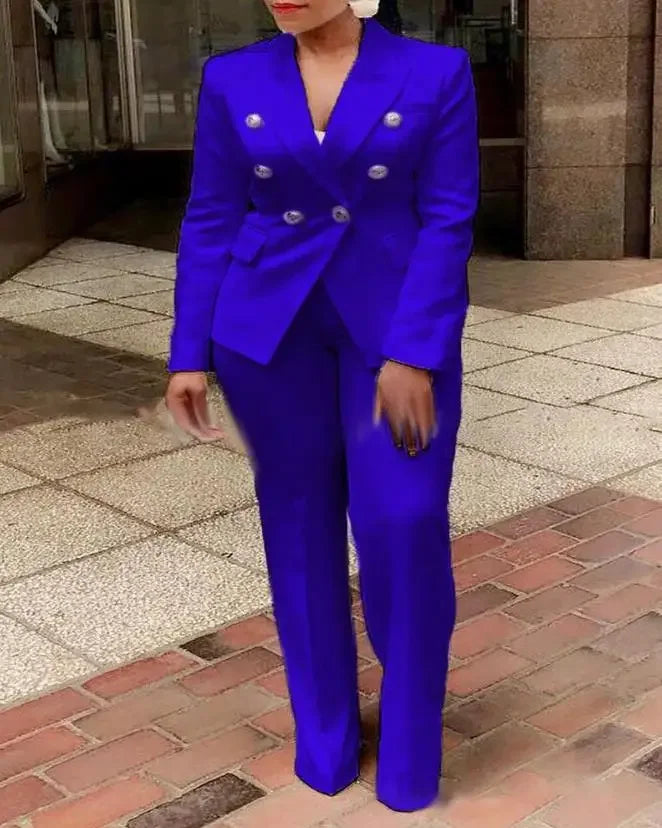2 Office Ladies Two Piece Sets Womens Outifits 2023 Spring Fashion Long Sleeve Double Breasted Blazer & Plain Elegant Pants Set