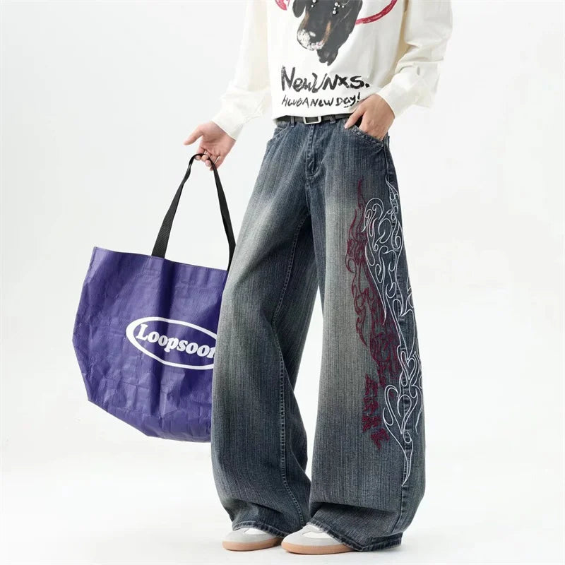 New Y2K Flame Embroidered Streetwear Flared Jeans For Man Hip Hop Fashion Straight Baggy Denim Pants Harajuku Streetwear Jean