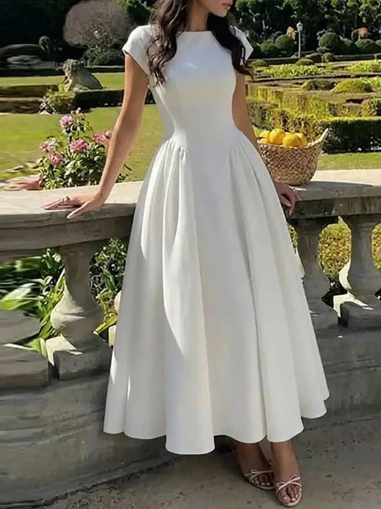 Temperament O-Neck High Waist Banquet Evening Dress Elegant Backless Slim A-Line Dress Trendy Solid Short Sleeved Splice Dress