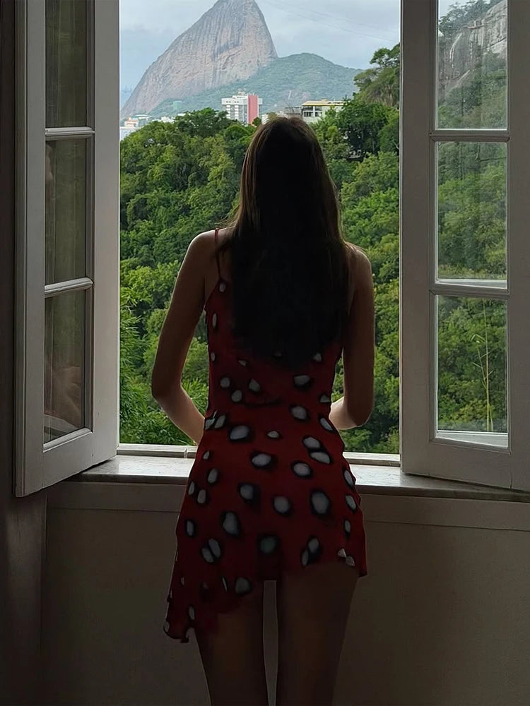 Red Polka Dot Print Draped Neckline Mini Dresses Women's Waist Cinching Split Short Sling Dress 2026 New Chic Party holiday Robe