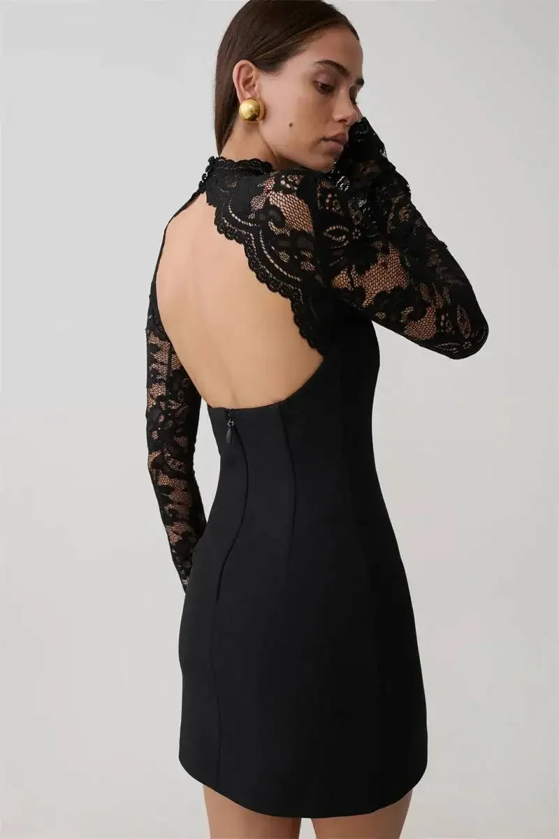 Women Elegant Lace Patchwork Sexy Mini Dress Fashion High Neck Long Flare Sleeve Backless Bodycon Club Party Dresses