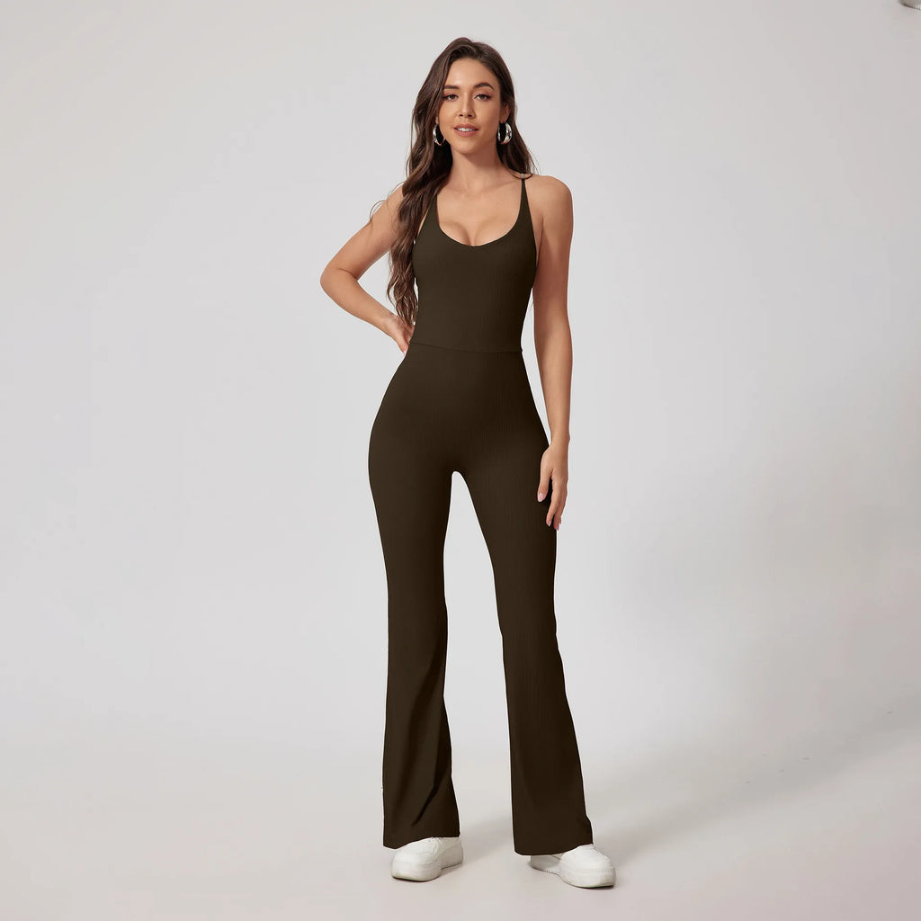 Women Thread Yoga Jumpsuit Sleeveless Gym Tracksuits Flared Overalls Workout Bodysuits Sportswear Female Sports One-Piece Outfit