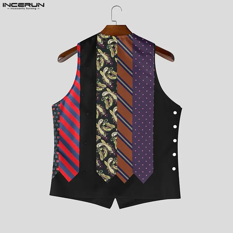 INCERUN Men's Vests Tie Printing V Neck Sleeveless Vintage Casual Male Waistcoats Streetwear Fashion Men Clothes Vests For Man
