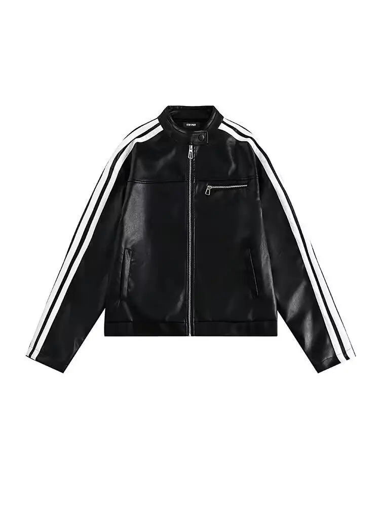 Youth Men's Biker Jacket Patchwork Stripes PU Leather Coat Stand Collar Zipper Long Sleeve Loose Fit Spring Autumn