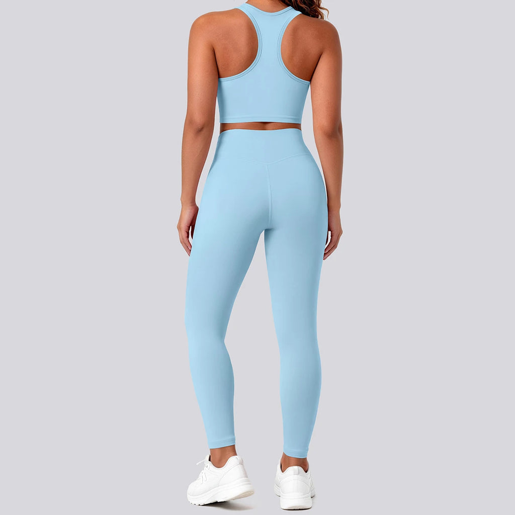 2PCS Solid Color Yoga Set for Woman's Gather Beautiful Back I-shaped Vest Shock-absorbing Running Yoga Tank Top Push Up Pants