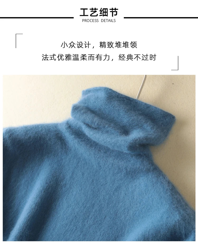 Women's Pile Collar 100% Mink Cashmere Sweater Winter High Collar Knitted Pullover Casual Short Thick Tops Loose Warm Base Shirt
