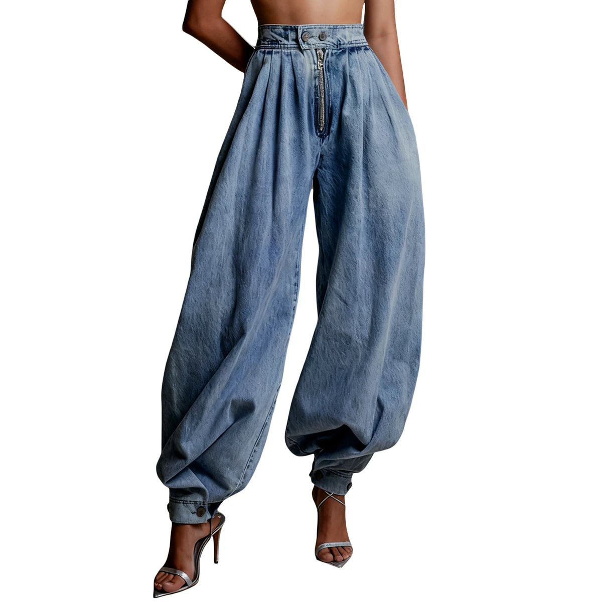 Women Y2k Loose Fit Denim Harem Long Pants Button Zipper High Waist Pleated Bloomers Wide Leg Baggy Trousers with Pockets