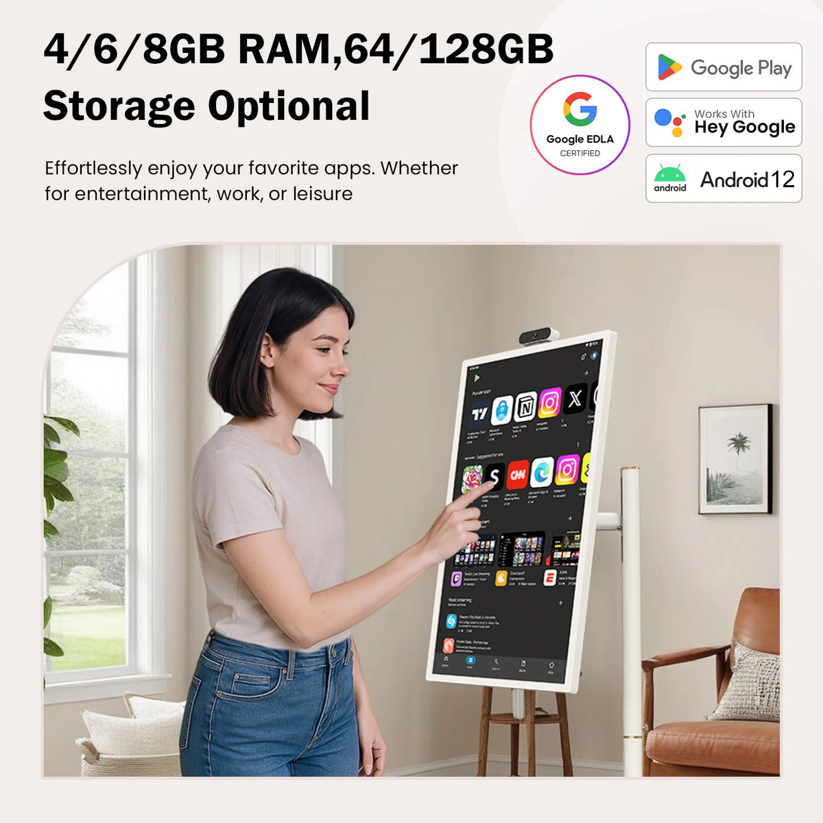 32 Inch Rotatable Smart Portable Tv with Android 12, Magnetic  Lcd Display on Wheels, Advertising Screen for Home
