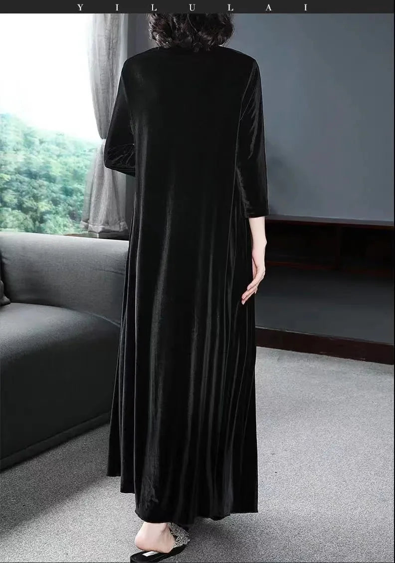 Elegant Velvet Long Dress for Middle-Aged And Elderly Women Autumn New Style Korean Version Loose Fit Long Sleeve Dress