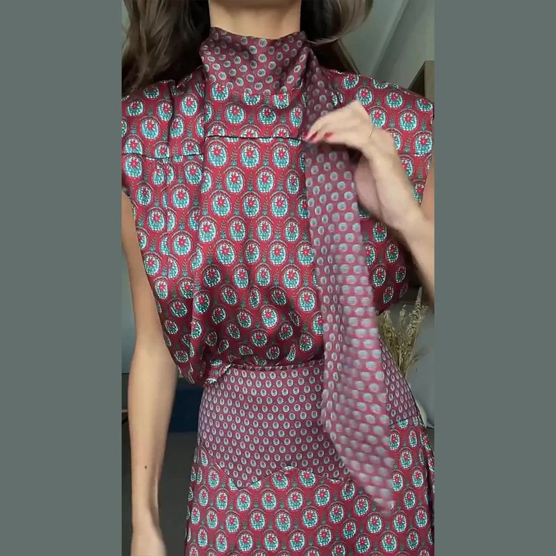 Elegant Printed Women's Vest Skirts Suit Sleeveless Top A-Line Long Skirts Lady Set 2026 Summer Autumn 2 Pieces Set Women