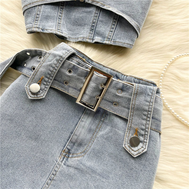Sexy Women Summer Denim Jeans Halter Tops Mini Skirt Outfits Suits Backless Sashes Chic Style Bodycon High Waist Vestidos