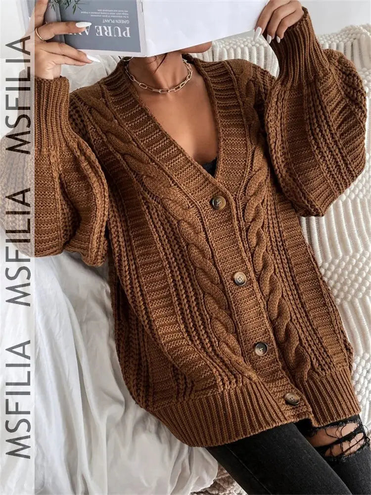Msfilia Women's Fall/Winter Solid Color Cable Knit V-Neck Cardigan, Balloon Sleeve Loose Single Breasted Sweater Coat