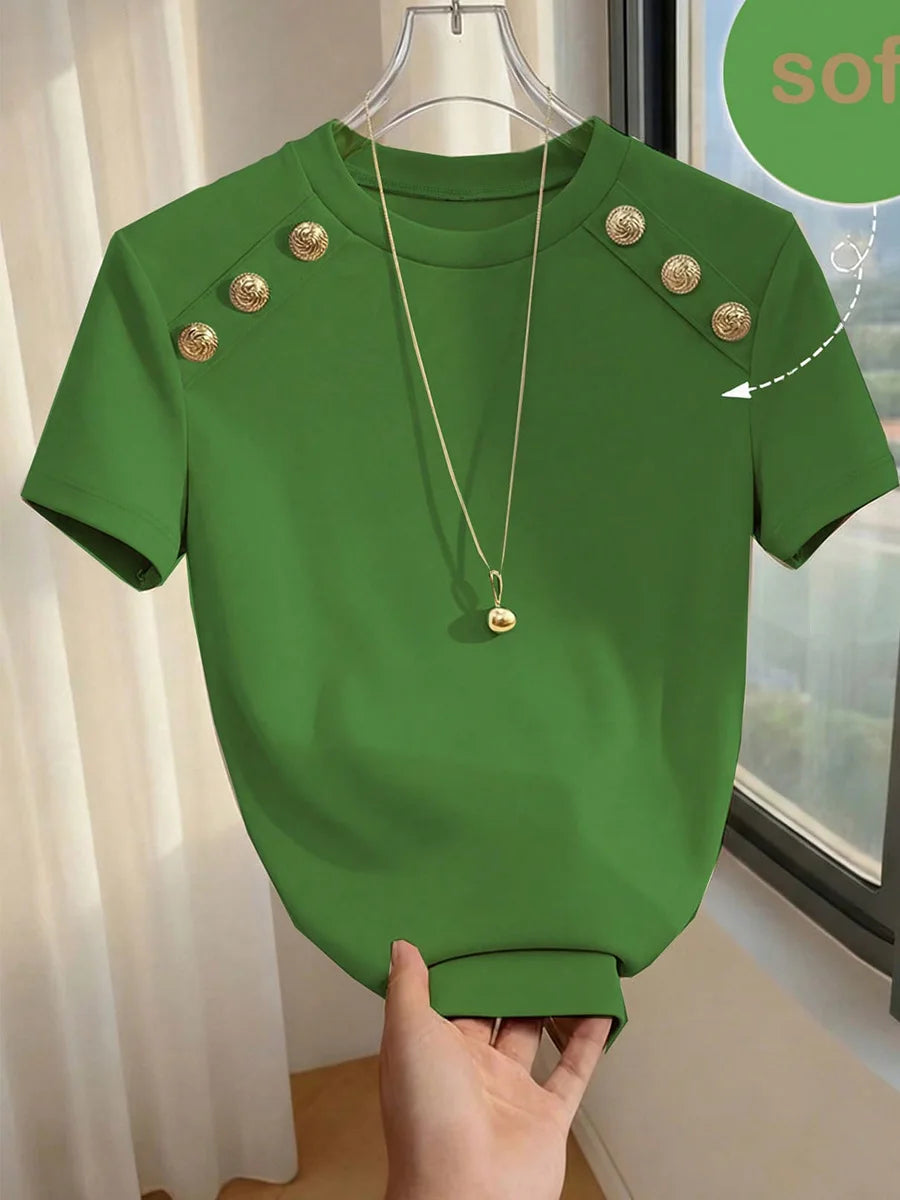Fashionable Short Sleeve T-Shirt Women's Slim Fit Solid Color Summer 2026 Casual round Neck Polyester Blend Top