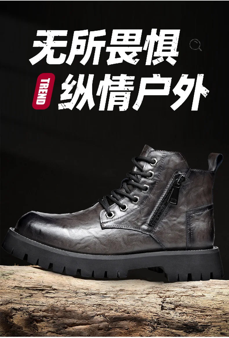 2025 autumn and winter boots men's British style versatile high top leather shoes workwear snow leather boots men's short boots