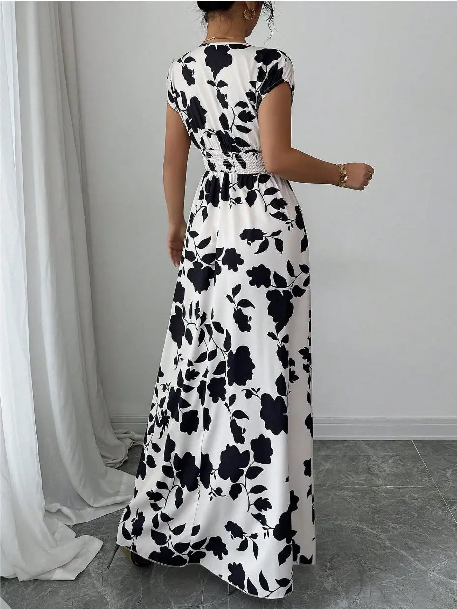 2026 Women's New Fashion Casual Daily Comfortable Elegant Lace-up Floral Print V-neck Short Sleeve Waist Women's Long Dress