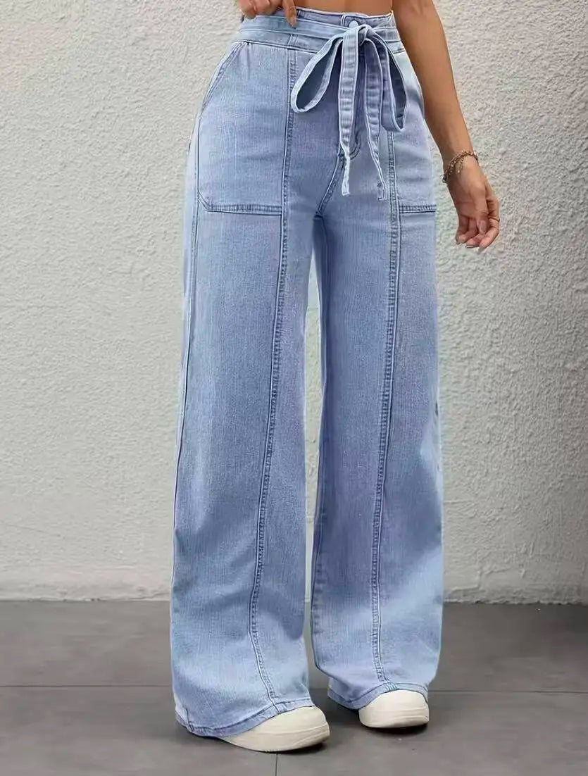 High Waist Belted Wide Leg Pants for Women with Large Patch Pockets And Splicing Stitching Design