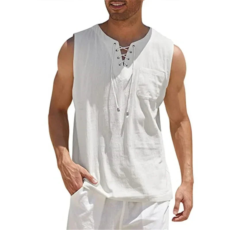 New 2026 Men's Casual Cotton Linen Tank Tops Men Drawstring V Neck Sleeveless Shirts Summer Casual Shirt Gym Fitness Vest Tops